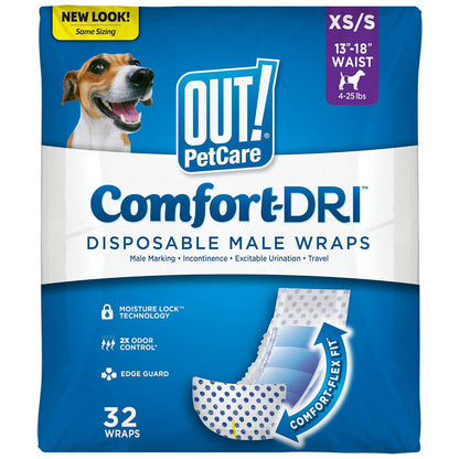 FUERA Pañales desechables para perros machos de Pet Care | Vendas absorbentes masculinas con ajuste a prueba de fugas | Extra pequeño/pequeño, 32 unidades