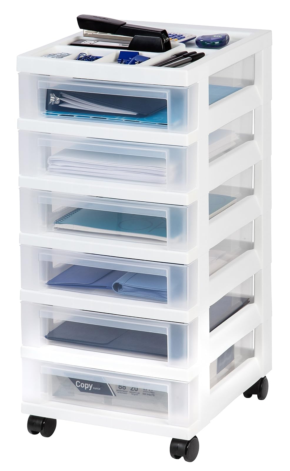 IRIS USA Carrito Organizador con Ruedas de 6 Cajones, Blanco/Transparente | Organiza manualidades, artículos de oficina, salón y accesorios con cajones de fácil acceso para uso diario