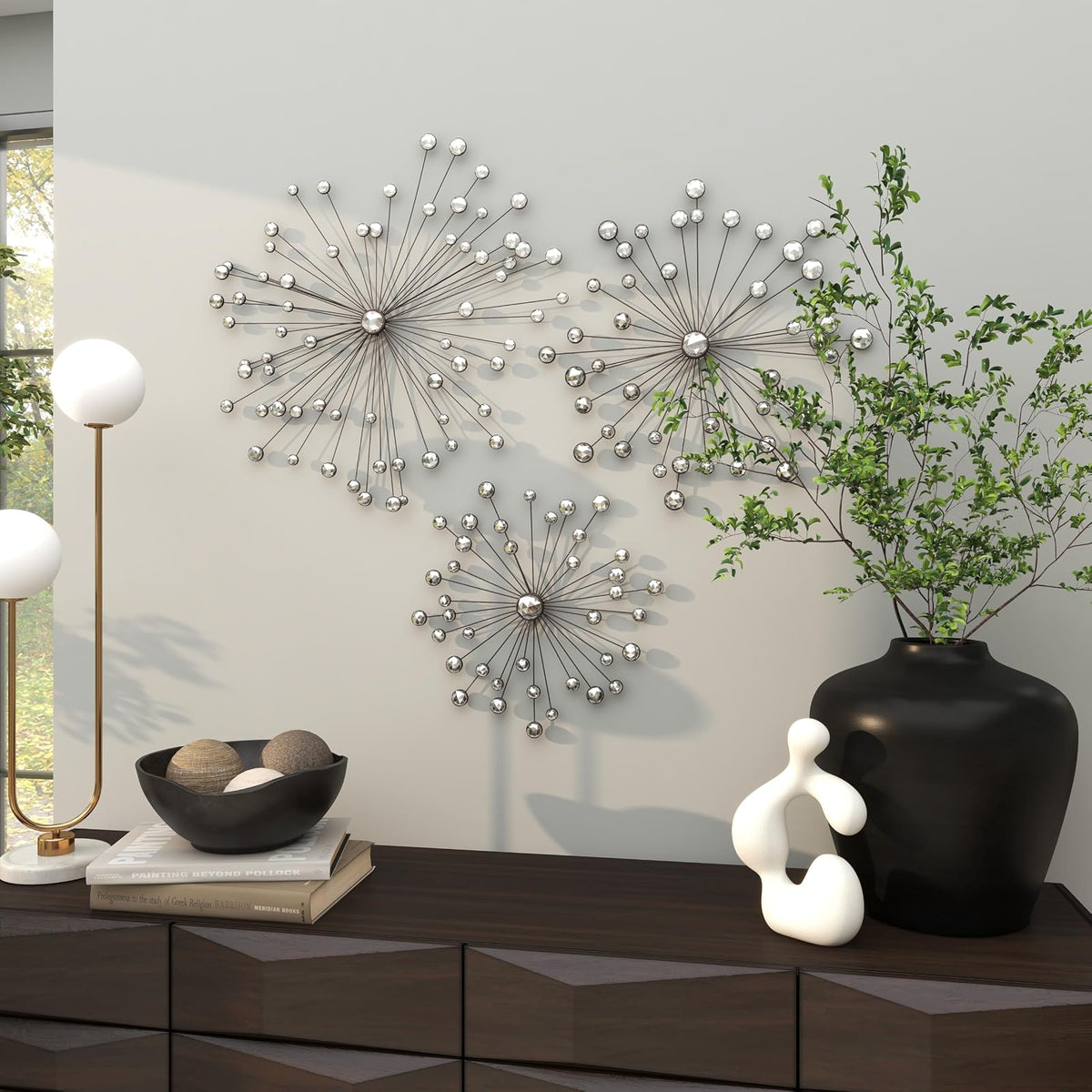 Benzara Metal Wall Art - Cuadro Decorativo para Pared, Color Negro y marrón, 96.52 cm x 96.52 cm, Gemas claras - Juego de 3, Negro, Transparente, 1