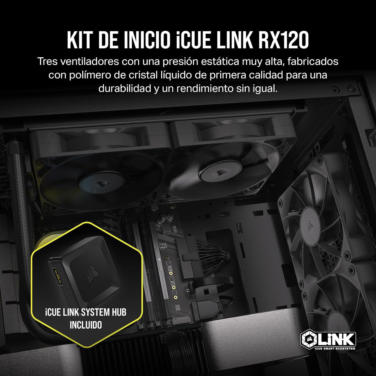 CORSAIR iCUE Link RX120 Ventiladores PWM de 120 mm con iCUE Link System Hub - Rodamiento de Cúpula Magnética - Paquete Triple - Negro
