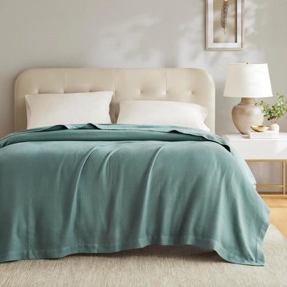 Madison Park - Manta Suave certificada 100% algodón Egipcio Transpirable y acogedora, diseño clásico de Punto gofre, Funda Ligera de Lujo para Todas Las Estaciones para Cama, sofá y sofá, Verde