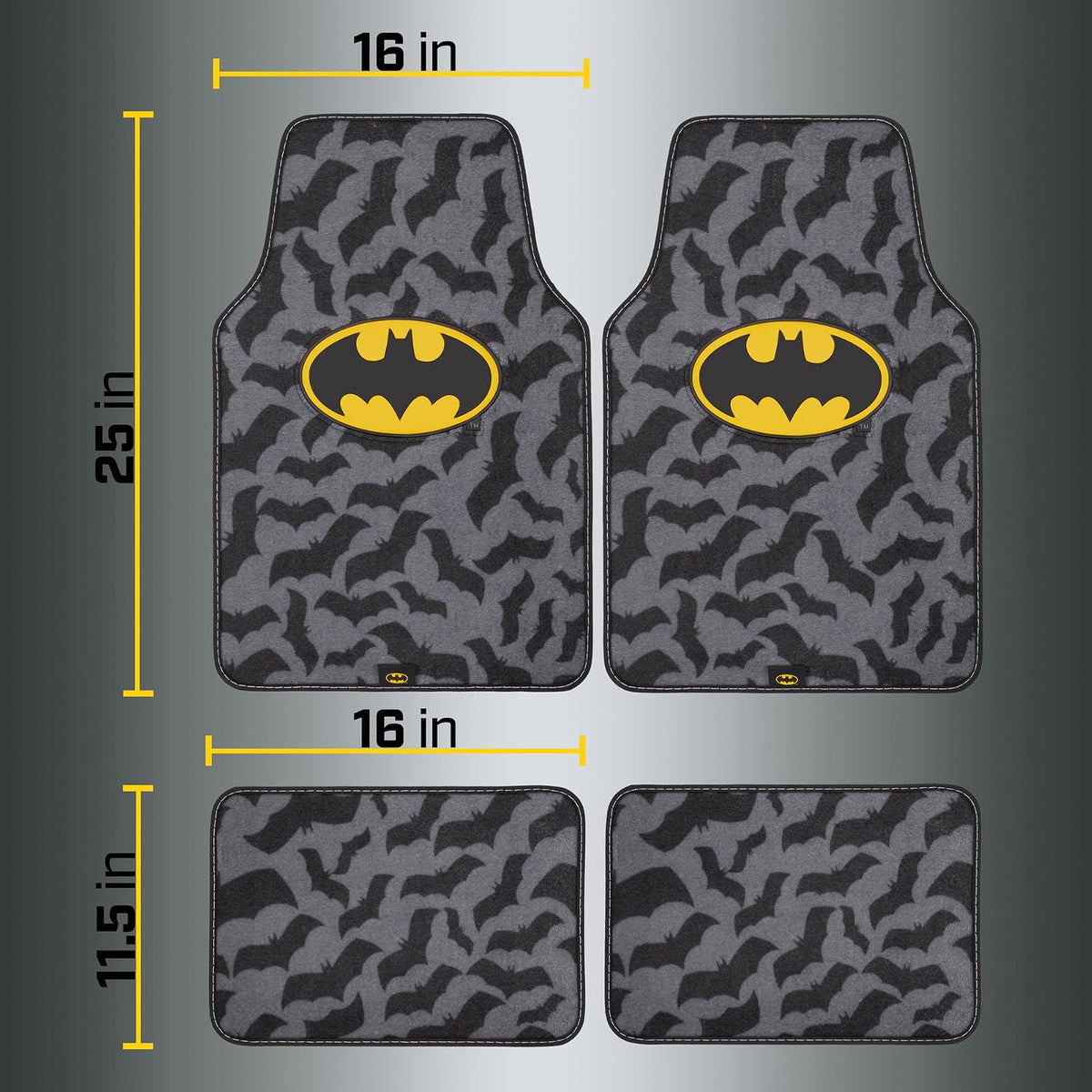 BDK Warner Bros DC Comics Batman - Alfombrillas únicas de impresión completa para automóvil, ajuste universal, juego de 4 piezas, alfombra, delantera 26 x 16.5 pulgadas, trasera 14 x 16.5 pulgadas, agarre