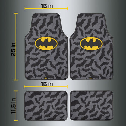 BDK Warner Bros DC Comics Batman - Alfombrillas únicas de impresión completa para automóvil, ajuste universal, juego de 4 piezas, alfombra, delantera 26 x 16.5 pulgadas, trasera 14 x 16.5 pulgadas, agarre