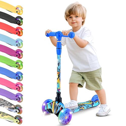 Hurtle Patin del Diablo Monopatin Scooter para Niños de 2 a 5 Años, 3 Ruedas con Luces LED, Mini Kickboard con Freno, Antideslizante, Manillar Ajustable de 64 cm a 78 cm