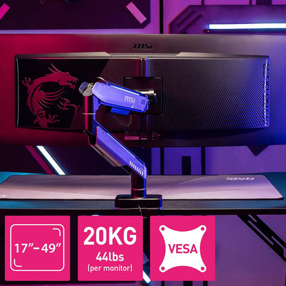 MSI MPG MT201R V2 - Brazo de Soporte para Monitor único RGB Premium, soporta Pantallas de 17-49 Pulgadas y 44 Libras, Compatible con VESA, Montaje Ajustable de Resorte de Gas Resistente, Abrazadera y