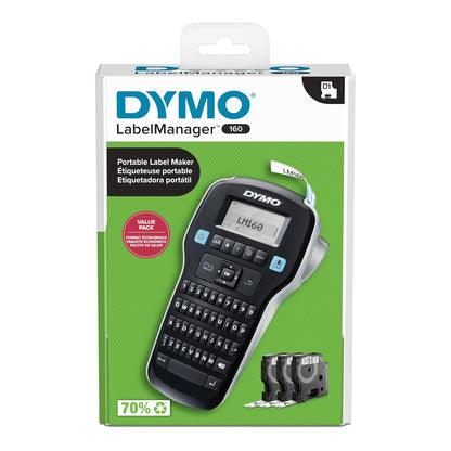 DYMO LabelManager 160 - Paquete portátil de etiquetas, fácil de usar, teclas inteligentes de un solo toque, teclado QWERTY, visualización grande, para organización del hogar y la oficina, incluye 3