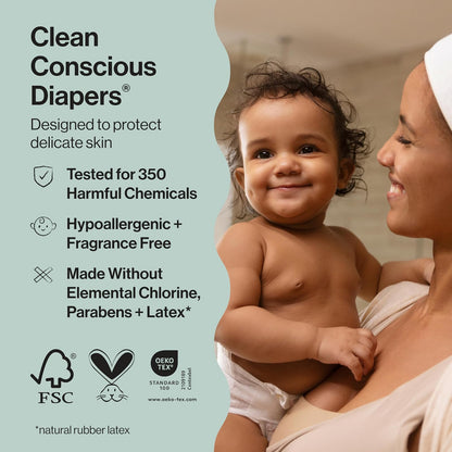 The Honest Company Clean Conscious Pañales para piel delicada, hasta 100% a prueba de fugas, hipoalergénicos, sin fragancia, estampados para niñas, caja club, tamaño recién nacido, 72 unidades