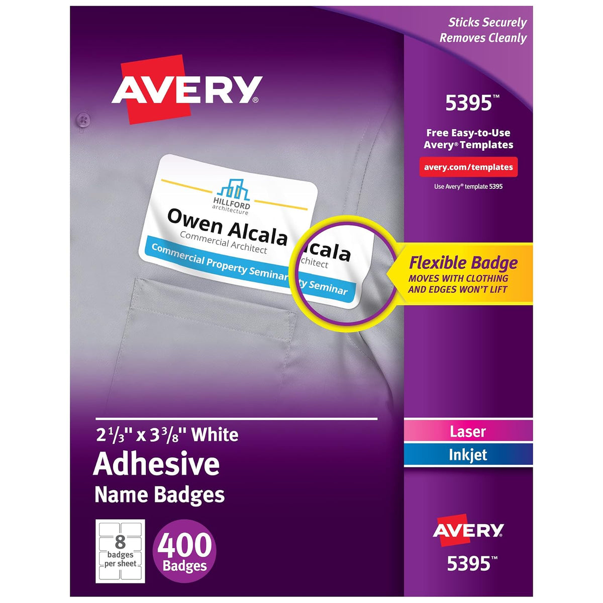 Avery 05395 Adhesive Name Badges, 2.33 x 3.38 Inches, White, Box of 400