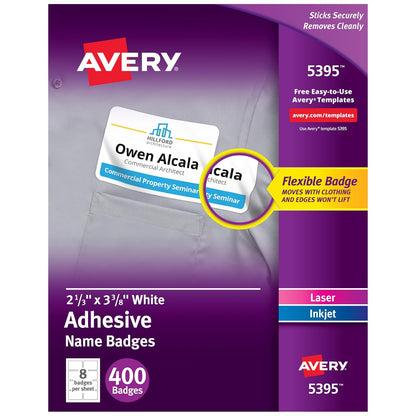 Avery 05395 Adhesive Name Badges, 2.33 x 3.38 Inches, White, Box of 400