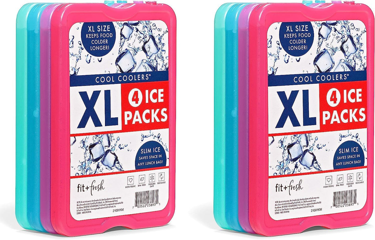Cool Coolers by Fit + Fresh, reutilizables y de larga duración XL Slim Ice Packs, paquetes fríos para loncheras, paquete de hielo para bolsas de almuerzo. Accesorios para camping, playa, almuerzo y trabajo, paquete de 12 unidades, multicolor