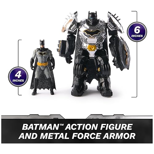 DC Comics figura de acción de Batman de la colección Metal Force de 15 cm con minifigura de 10 cm, bláster y traje de armadura integrados, juguetes de superhéroes para niños y niñas a partir de 4 años