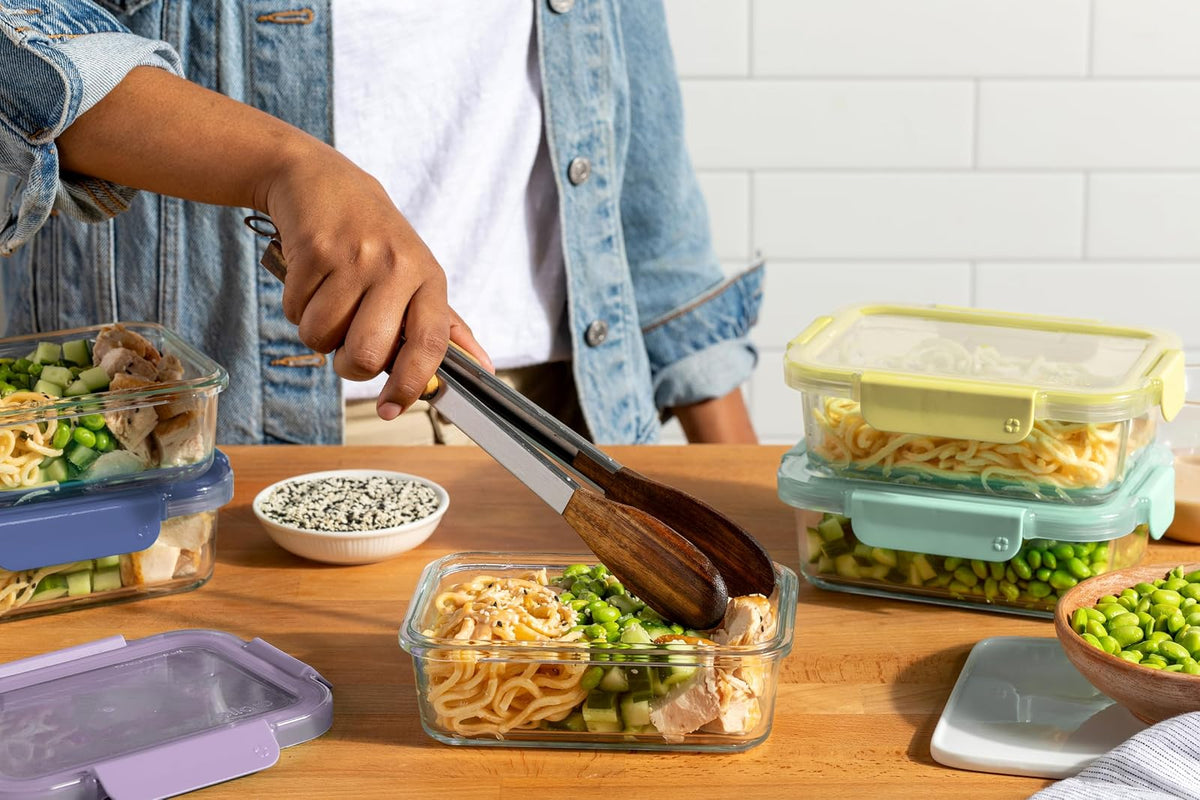 Ello Color Lock 3.4 tazas 10 unidades, paquete de 5 recipientes de vidrio para preparar comidas a prueba de fugas con tapas de plástico herméticas sin BPA, apto para lavaplatos, microondas y