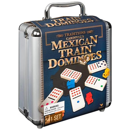 Spin Master Games, juego de dominó de tren mexicano, juego de mesa de azulejos en estuche de transporte de aluminio, juegos para la noche de juegos familiares