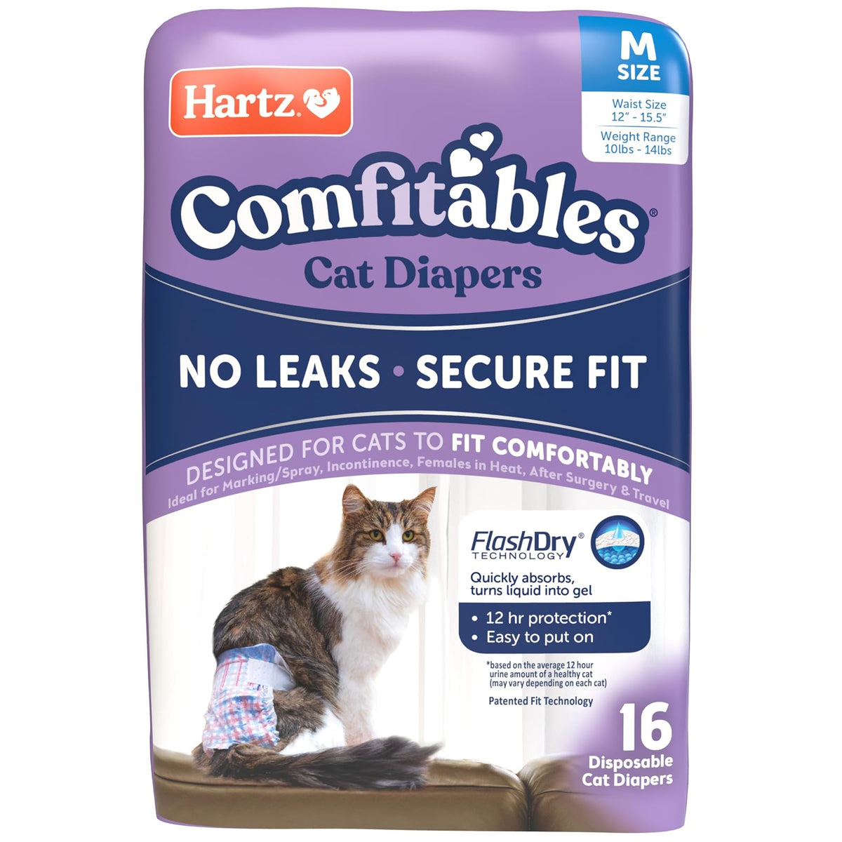 Hartz Comfitables - Pañales para Gatos, Talla M, 16 Unidades, Ajuste cómodo y Seguro, fácil de Poner