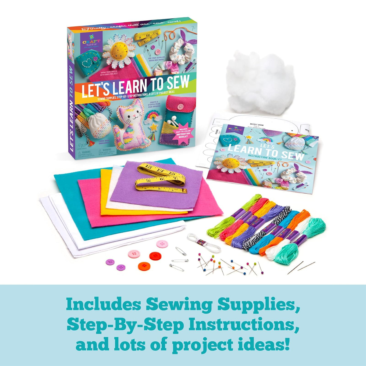 Craft-tastic Let's Learn to Sew – Mini kit de costura, artes y manualidades, suministros de arte, kit de bordado para principiantes, incluye suministros de costura, instrucciones fáciles de plegar,