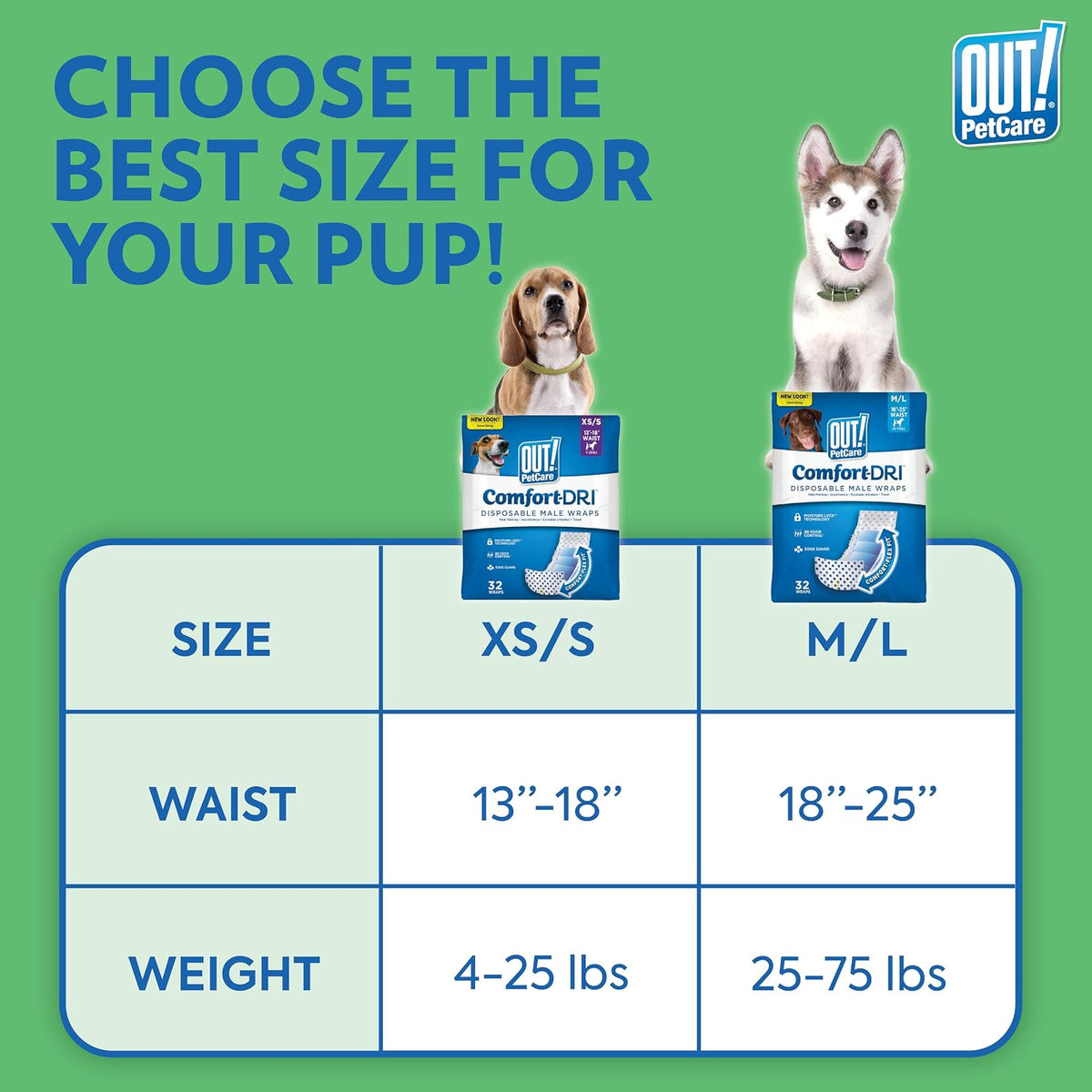 FUERA Pañales desechables para perros machos de Pet Care | Vendas absorbentes masculinas con ajuste a prueba de fugas | Extra pequeño/pequeño, 32 unidades