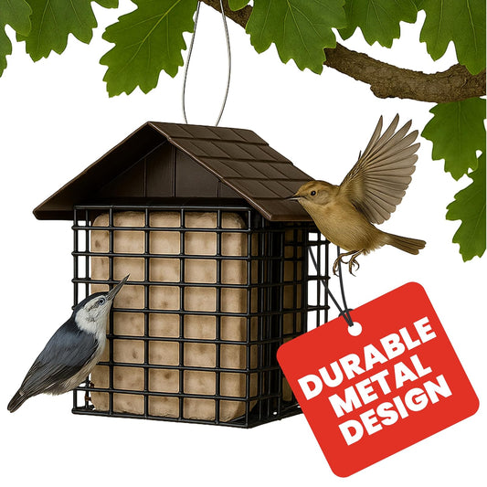 More Birds - Alimentador Doble con Protector contra el Clima, 6.5 Pulgadas de Largo x 4.25 Pulgadas de Ancho x 7.25 Pulgadas de Alto, café