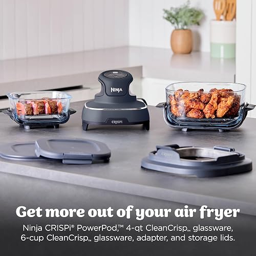 Ninja Crispi - Freidora de aire portátil de vidrio 4 en 1, 1500 W, 4 cuartos y 6 tazas TempWare recipientes de vidrio con tapas de almacenamiento, aptos para microondas, congelador y lavaplatos, gris