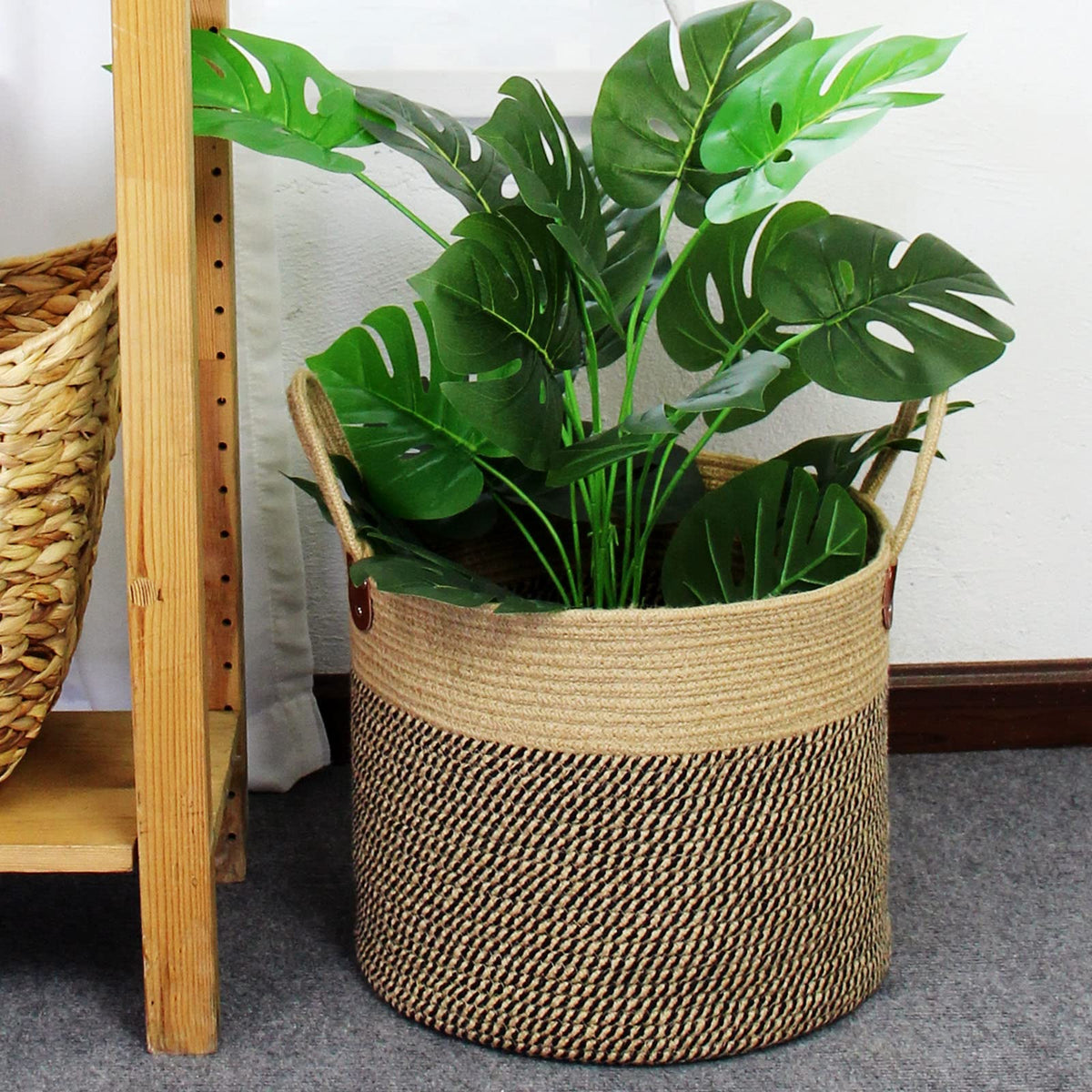 Casaphoria Cesta grande de yute tejida con asas, cesta de yute natural para ropa, manta para decoración del hogar, 14 x 14 x 12 pulgadas, paquete de 1, negro y yute