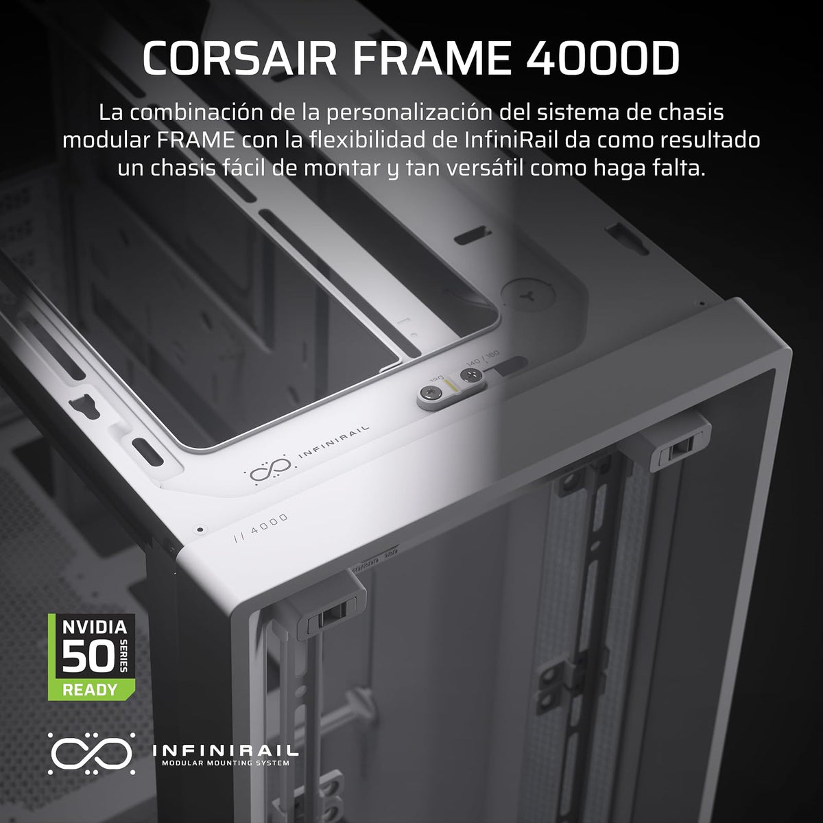 Corsair Frame 4000D Caja Modular Mid–Tower ATX para PC – Alto Flujo de Aire, Sistema de Montaje de Ventiladores InfiniRail™, ASUS BTF, MSI Project Zero, Gigabyte Project Stealth – Blanco