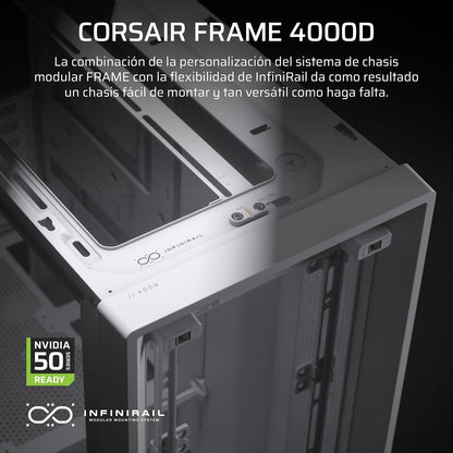 Corsair Frame 4000D Caja Modular Mid–Tower ATX para PC – Alto Flujo de Aire, Sistema de Montaje de Ventiladores InfiniRail™, ASUS BTF, MSI Project Zero, Gigabyte Project Stealth – Blanco