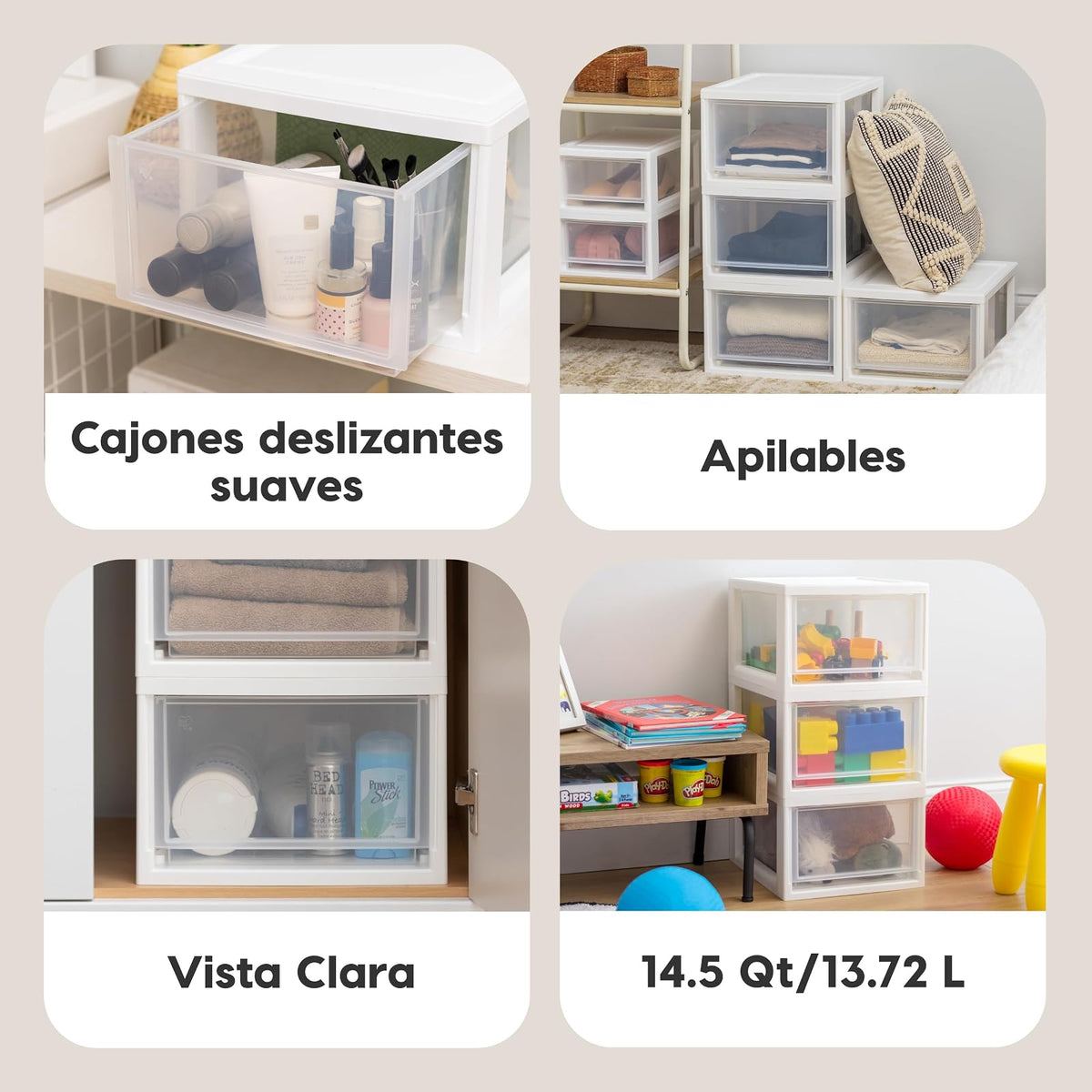 IRIS USA 13.7 L Cajón de Plástico Mediano, Paquete de 3, Organizadora Apilable con Cajón Deslizable para Dormitorio Debajo del Fregadero Despensa Cuarto de Manualidades Oficina, Blanco