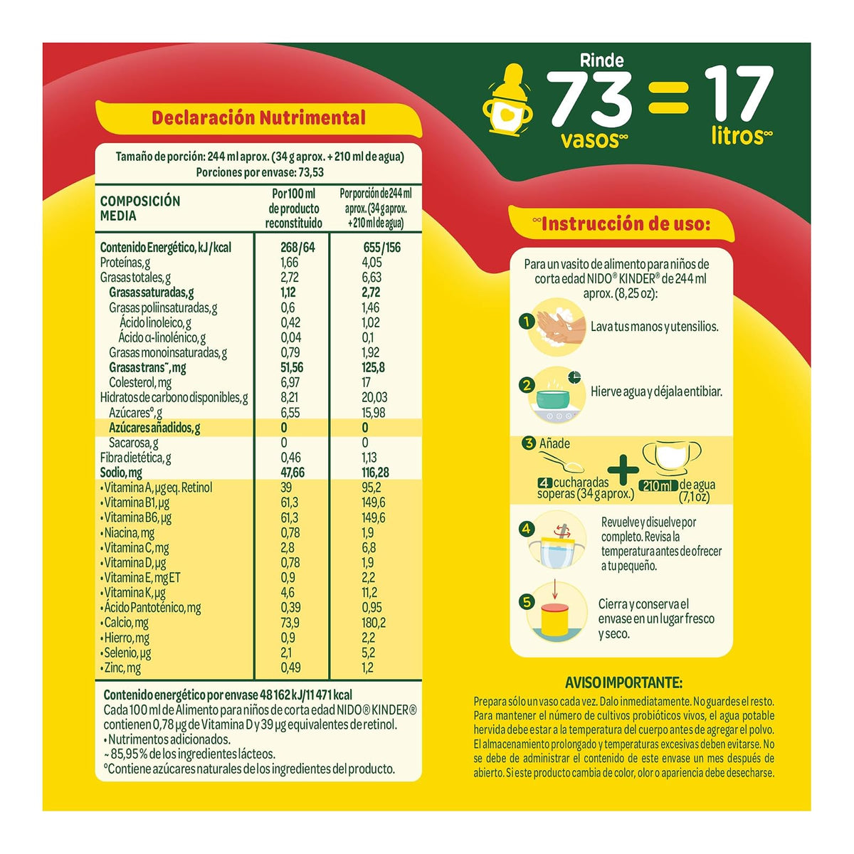 Nido Kinder, Alimento para Niños a partir de 1 año, Lata 2.5kg