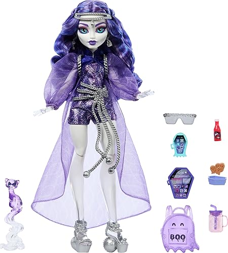 Monster High Muñeca Spectra para niñas de 4 años en adelante | Ghost in Purple Clothes, incluye Pet Ferret Rhuen, 7 accesorios como mochila, tableta, aperitivos y más