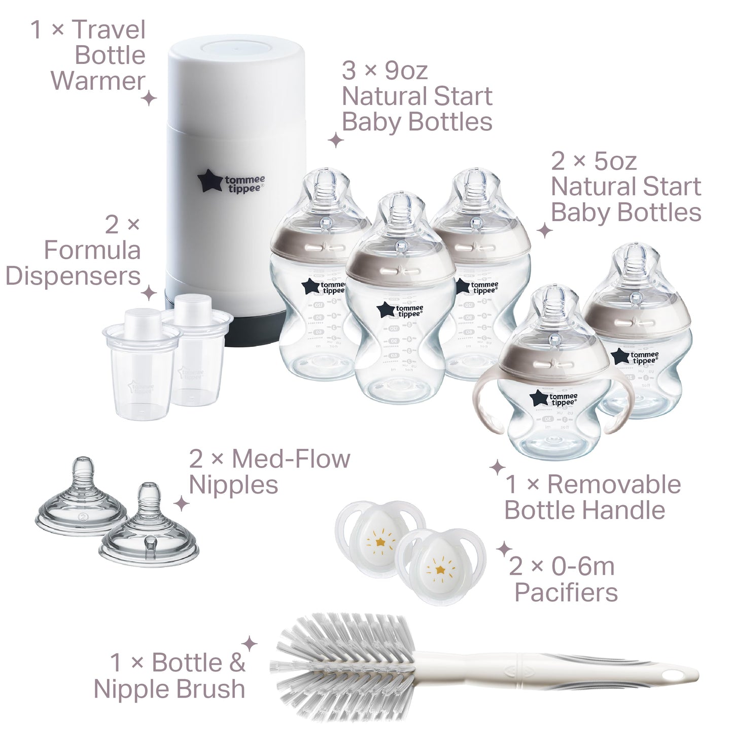 Tommee Tippee Natural Start Ready for Baby Bottle Set, 5oz and 9oz Anti-Colic Bottles, Slow and Medium Flow Nipples, 0-6 month pacifiers, Self-Sterilizing