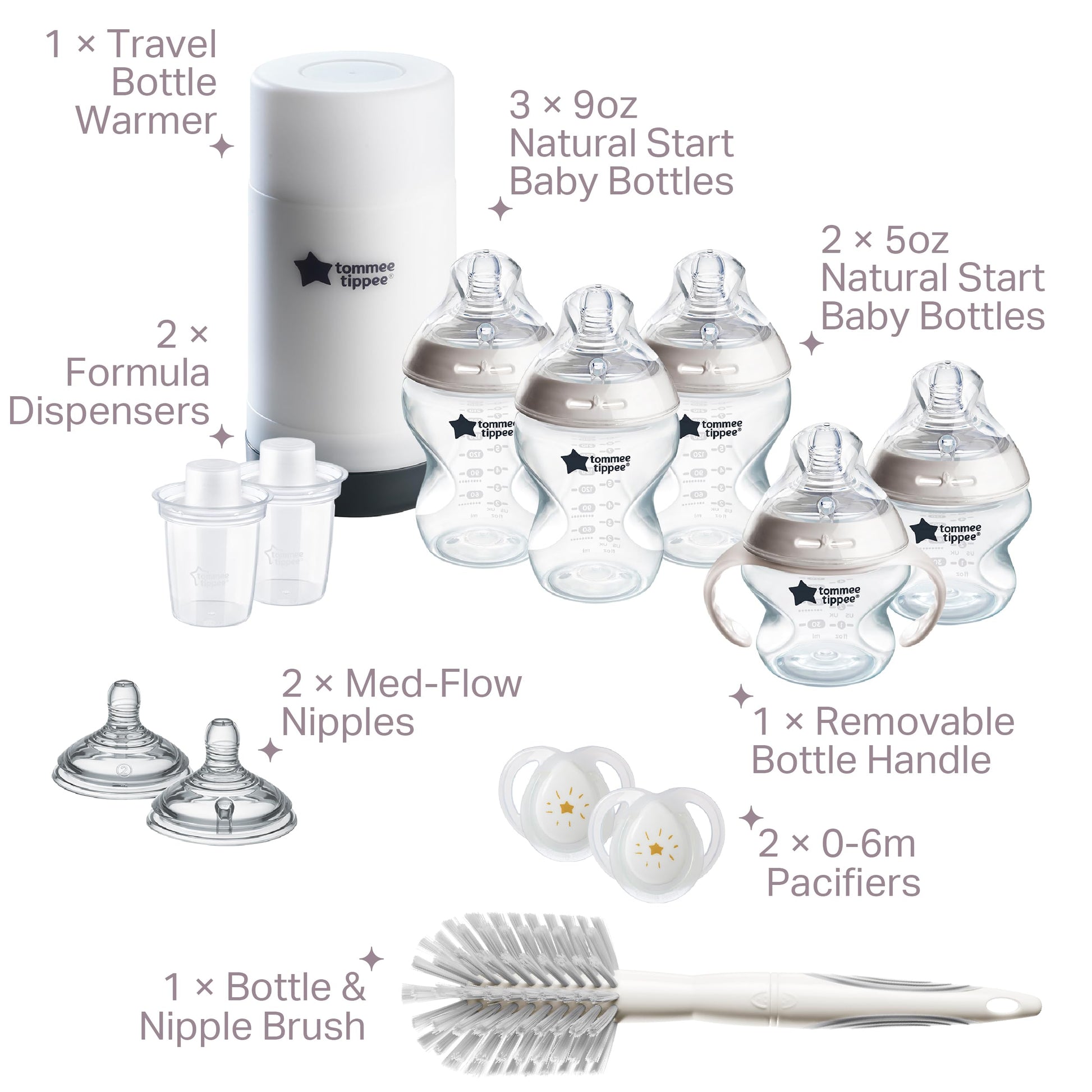 Tommee Tippee Natural Start Ready for Baby Bottle Set, 5oz and 9oz Anti-Colic Bottles, Slow and Medium Flow Nipples, 0-6 month pacifiers, Self-Sterilizing