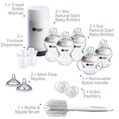 Tommee Tippee Natural Start Ready for Baby Bottle Set, 5oz and 9oz Anti-Colic Bottles, Slow and Medium Flow Nipples, 0-6 month pacifiers, Self-Sterilizing