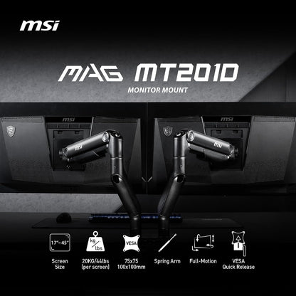 MSI mag MT201D - Brazos de Soporte para Monitor Doble de Alta Resistencia, Soporte de 17 a 45 Pulgadas, Compatible con VESA, Montaje de Resorte Ajustable, 44 Libras por visualización, Abrazadera y