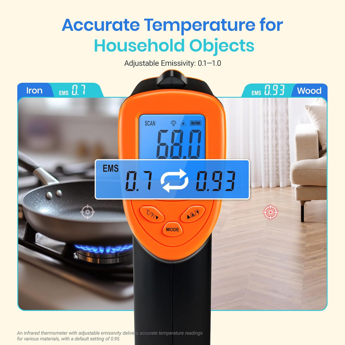 Etekcity - Pistola de temperatura infrarroja para horno de pizza, parrilla, carne, caramelos, motor del vehículo, lector de temperatura superficial de -124 °F a 1000 °F, naranja