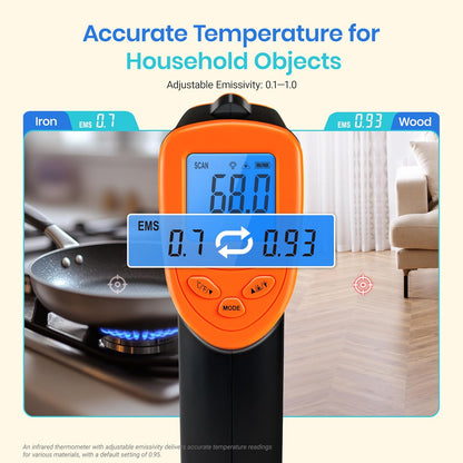 Etekcity - Pistola de temperatura infrarroja para horno de pizza, parrilla, carne, caramelos, motor del vehículo, lector de temperatura superficial de -124 °F a 1000 °F, naranja