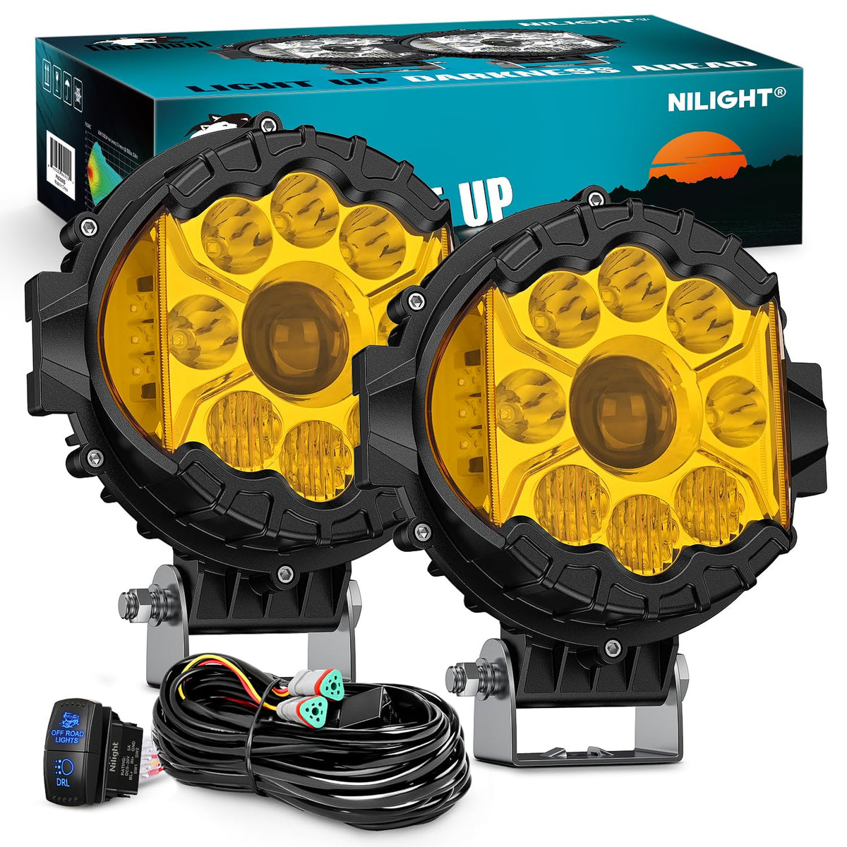 Nilight - Luces LED de conducción todoterreno de 7 pulgadas, haz alto y bajo, 2 unidades de 80 W, luz ámbar redonda, luz lateral, foco de inundación, luz antiniebla con conector DT de 16 AWG, kit de