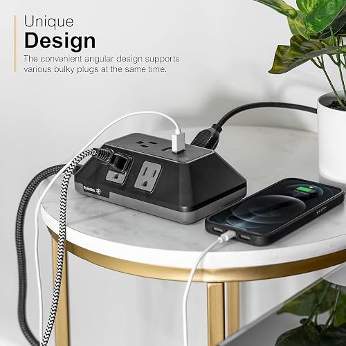 GE UltraPro Adapt Protector de sobretensiones de 5 Salidas con Puertos USB, 2 Puertos USB-A, 2.4A, Cable Trenzado de 3 pies, Protector de sobretensiones de 1780 Julios, Negro, 73777