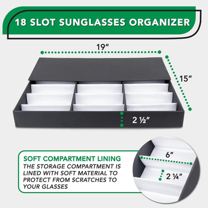 ProSource 18 Slot Sunglasses Organizer Box Stand Display Case/Tray, Fabric Lined & Snap Close