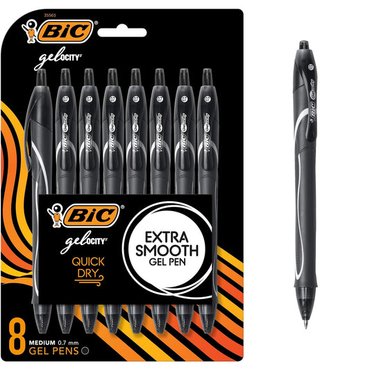 BIC Gelocity - Bolígrafos de gel de secado rápido, punta media (0.7 mm), paquete de 8 unidades, bolígrafos de gel retráctiles con cómodo agarre completo