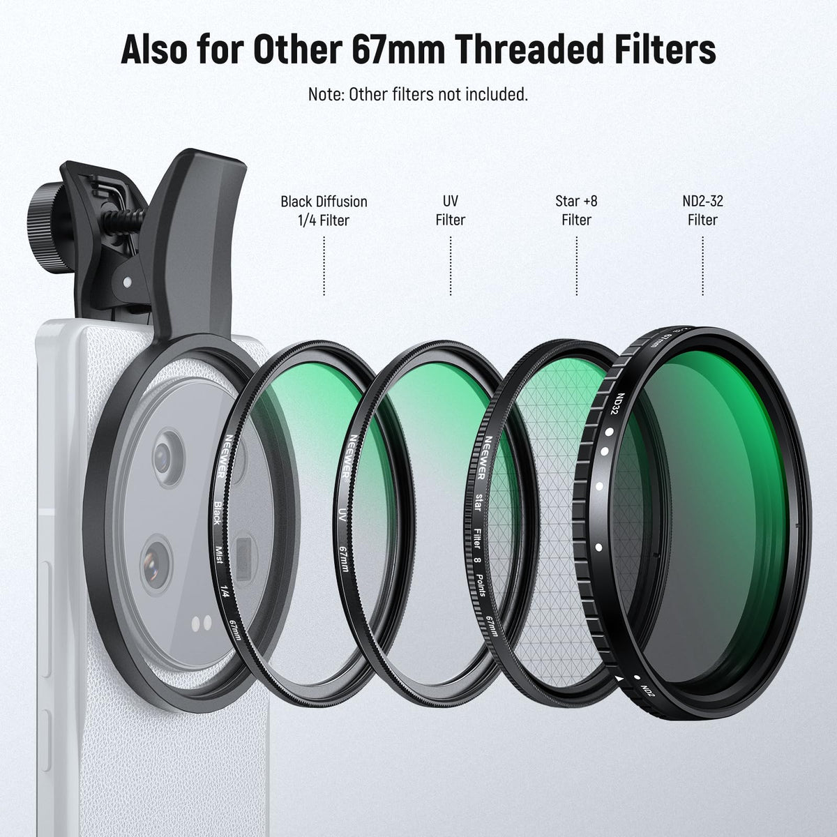 NEEWER Juego de 7 67mm Filtros ND, Compatible con Android Samsung Google Pixel Huawei Xiaomi Clip On CPL+ ND32 + Starlight + GND(Rojo/Naranja/Amarillo/Azul), Kit Accesorios Foto Lentes Cámara, FL-P11