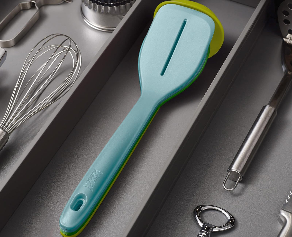 Joseph Joseph Duo Juego de utensilios de 4 piezas resistente al calor con cucharón, cucharas sólidas y ranuradas y volteador; clip de asas para almacenamiento organizado, ópalo
