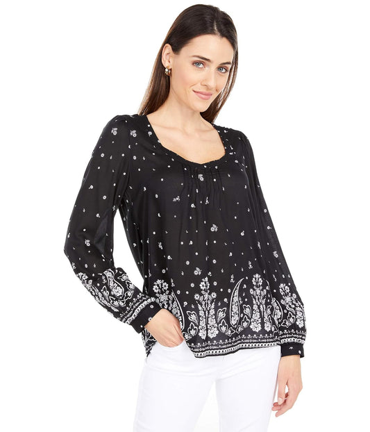 Lucky Brand Playera Campesina de Manga abullonada con Cuello en V y Estampado de Cachemira para Mujer