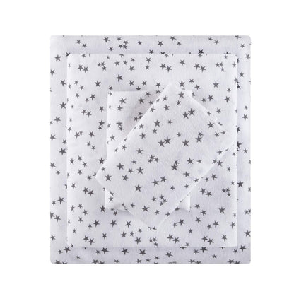 Juego de Sábanas de Franela de Algodón con Estampado - Estrellas grises - Individual Extra Grande