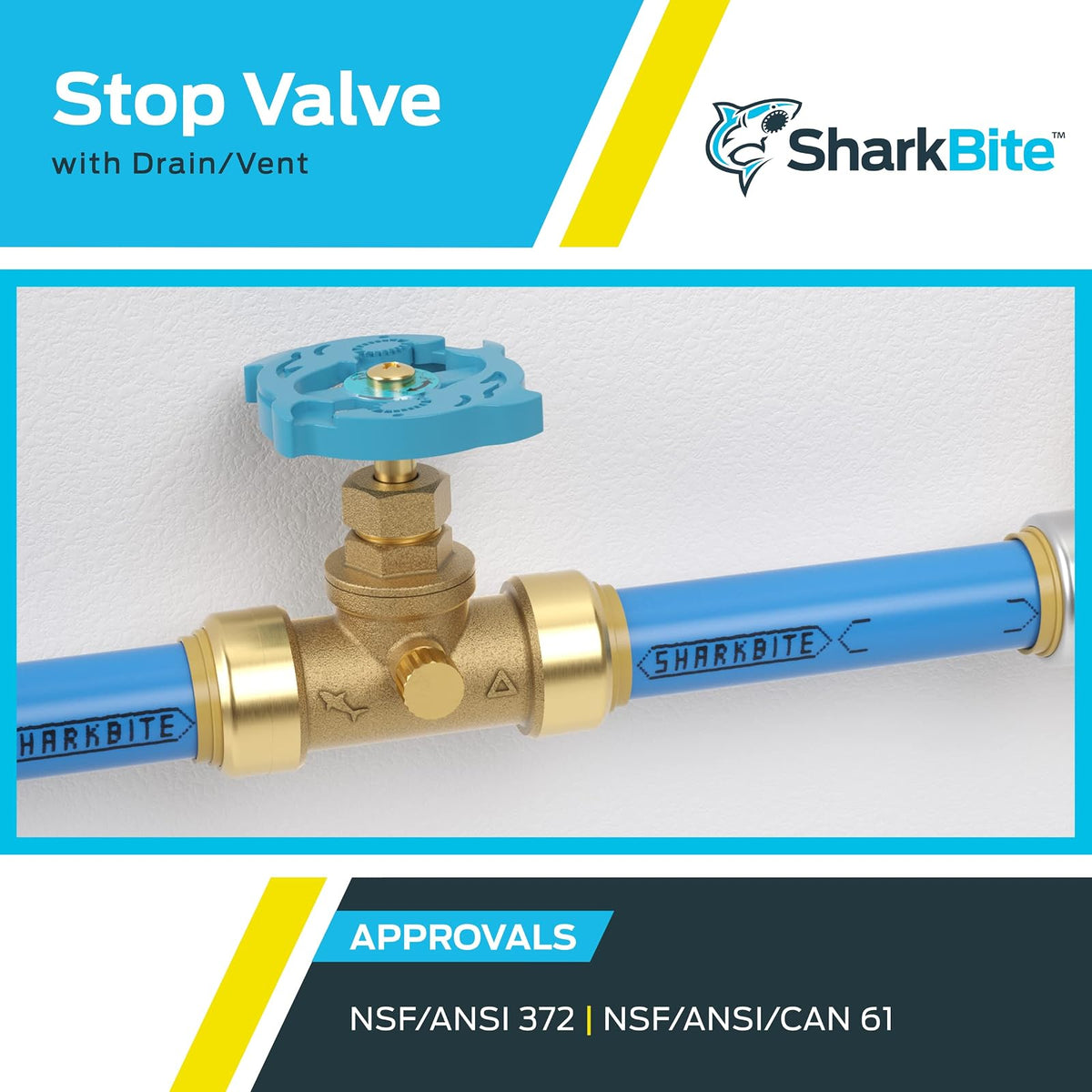 SharkBite Válvula de tope de 3/4 pulgadas con drenaje y ventilación, empuje para conectar el accesorio de fontanería de latón, tubo PEX, cobre, CPVC, PE-RT, HDPE, 24635LF