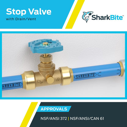 SharkBite Válvula de tope de 3/4 pulgadas con drenaje y ventilación, empuje para conectar el accesorio de fontanería de latón, tubo PEX, cobre, CPVC, PE-RT, HDPE, 24635LF