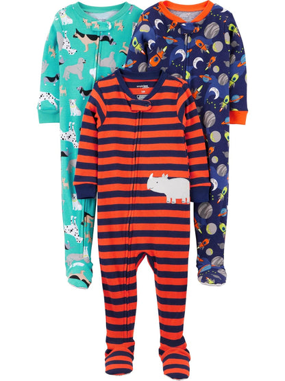 Simple Joys by Carter's Paquete de 3 Pijamas de Algodón con Pies - Perros - espacio - rinoceronte. - 2 Años - Paquete de 3 pijamas de algodón con pies ajustados