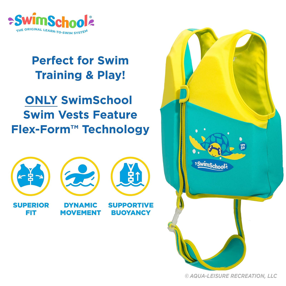 SwimSchool - Chaleco de natación para niños fácil de Poner y Quitar - Tallas: S/M hasta 33 Libras y Mediano/Grande hasta 50 Libras. - Colores: Azul, Naranja, Rosa y Espuma de mar