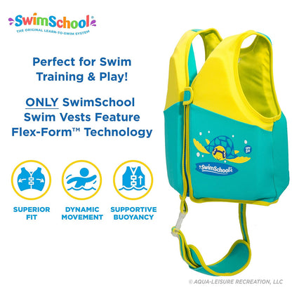 SwimSchool - Chaleco de natación para niños fácil de Poner y Quitar - Tallas: S/M hasta 33 Libras y Mediano/Grande hasta 50 Libras. - Colores: Azul, Naranja, Rosa y Espuma de mar