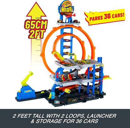 Hot Wheels City Mega Garage con Elevador, Pista de Tres Niveles y Helicóptero, Juego Interactivo con Auto a Escala 1:64, para Niños de 4 Años en Adelante