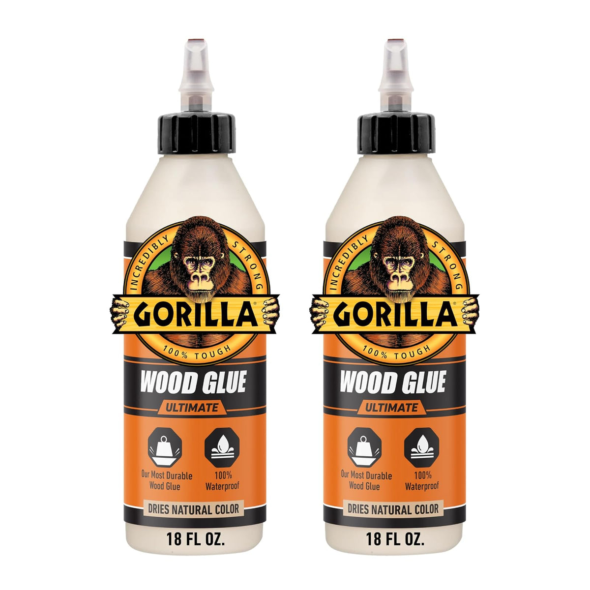 Gorilla Ultimate - Pegamento de madera impermeable, color de madera natural, 18 onzas (paquete de 2) - Impermeable para proyectos y reparaciones en interiores o exteriores