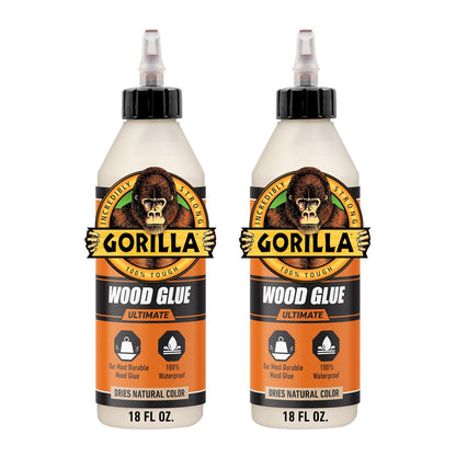 Gorilla Ultimate - Pegamento de madera impermeable, color de madera natural, 18 onzas (paquete de 2) - Impermeable para proyectos y reparaciones en interiores o exteriores